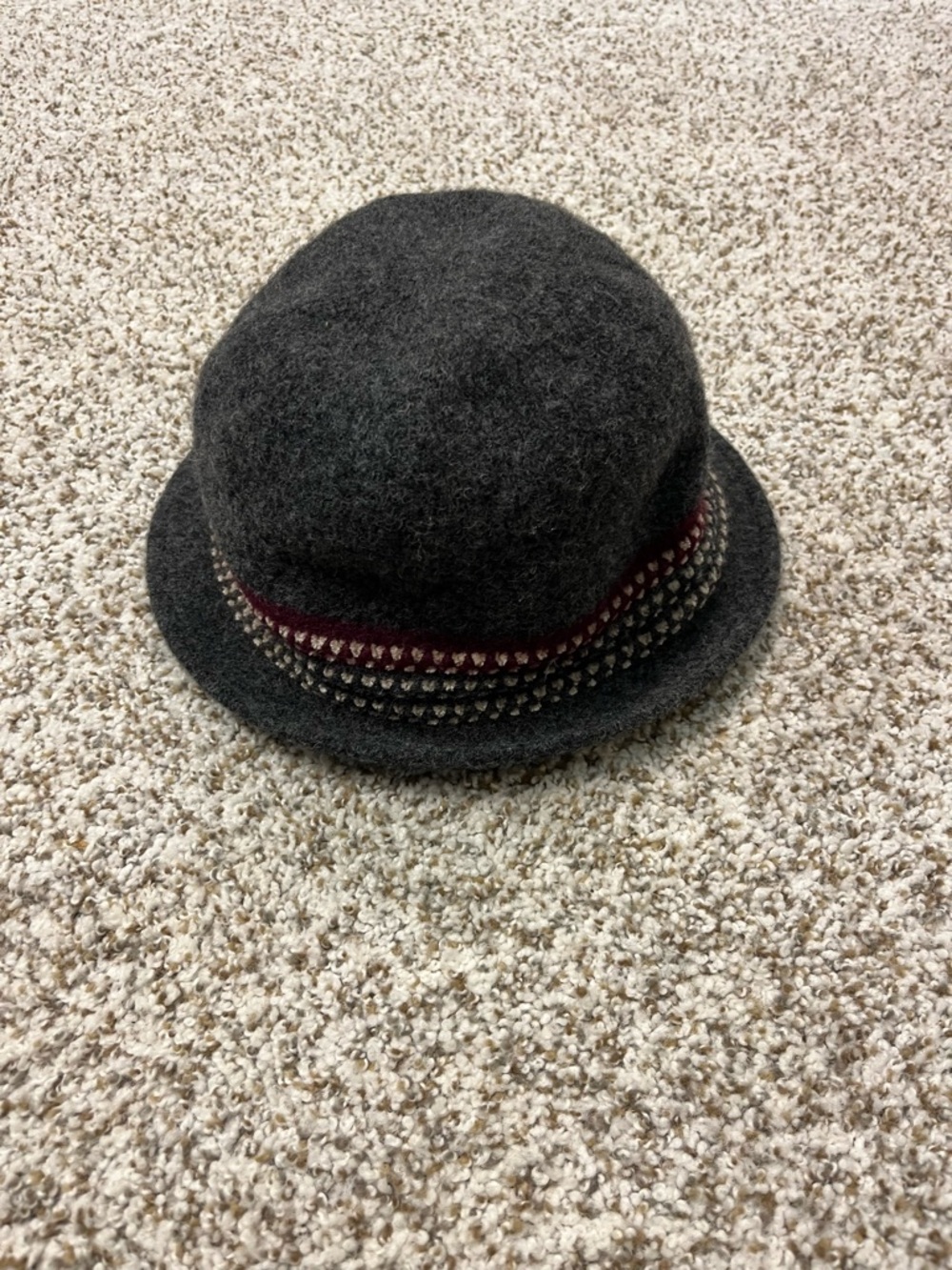 ADORA Dark Gray Wool Cloche Hat with Maroon and Silver Trim